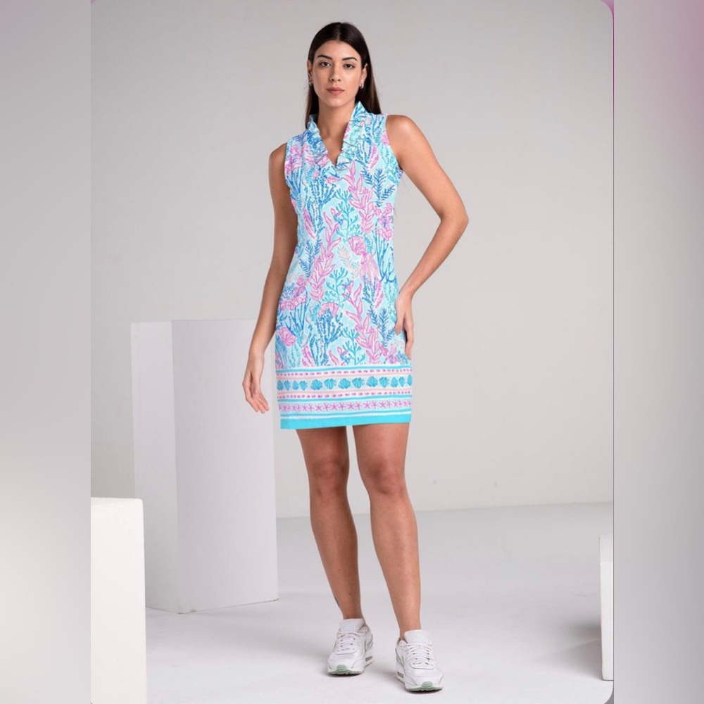NWOT DEEP SEA PRINT COTTON KNIT SLEEVELESS RUFFLE PORTRAIT NECK MINI DRESS. XS